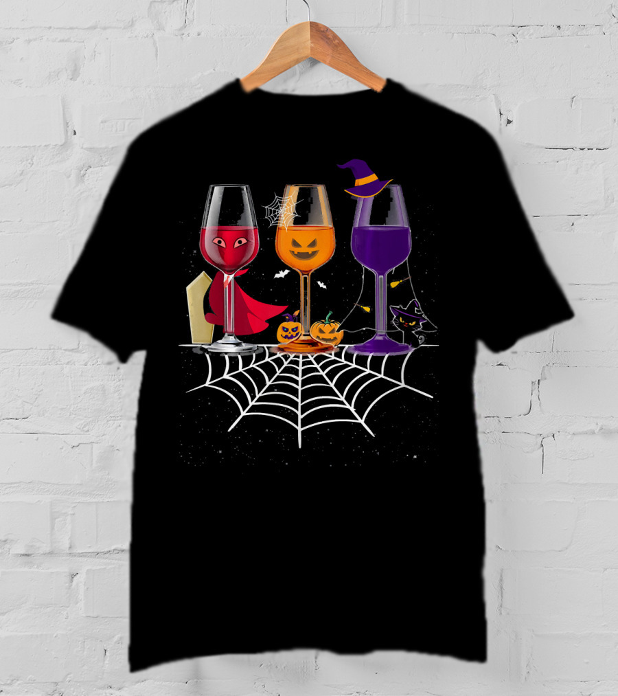 Halloween Wine Glasses Witch Vampire Pumpkin Cat Spiderweb T-Shirt