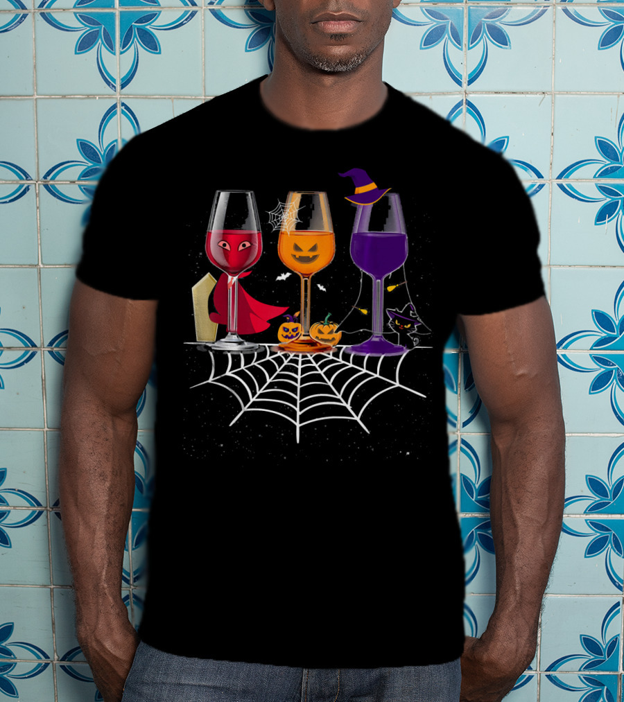 Halloween Wine Glasses Witch Vampire Pumpkin Cat Spiderweb T-Shirt