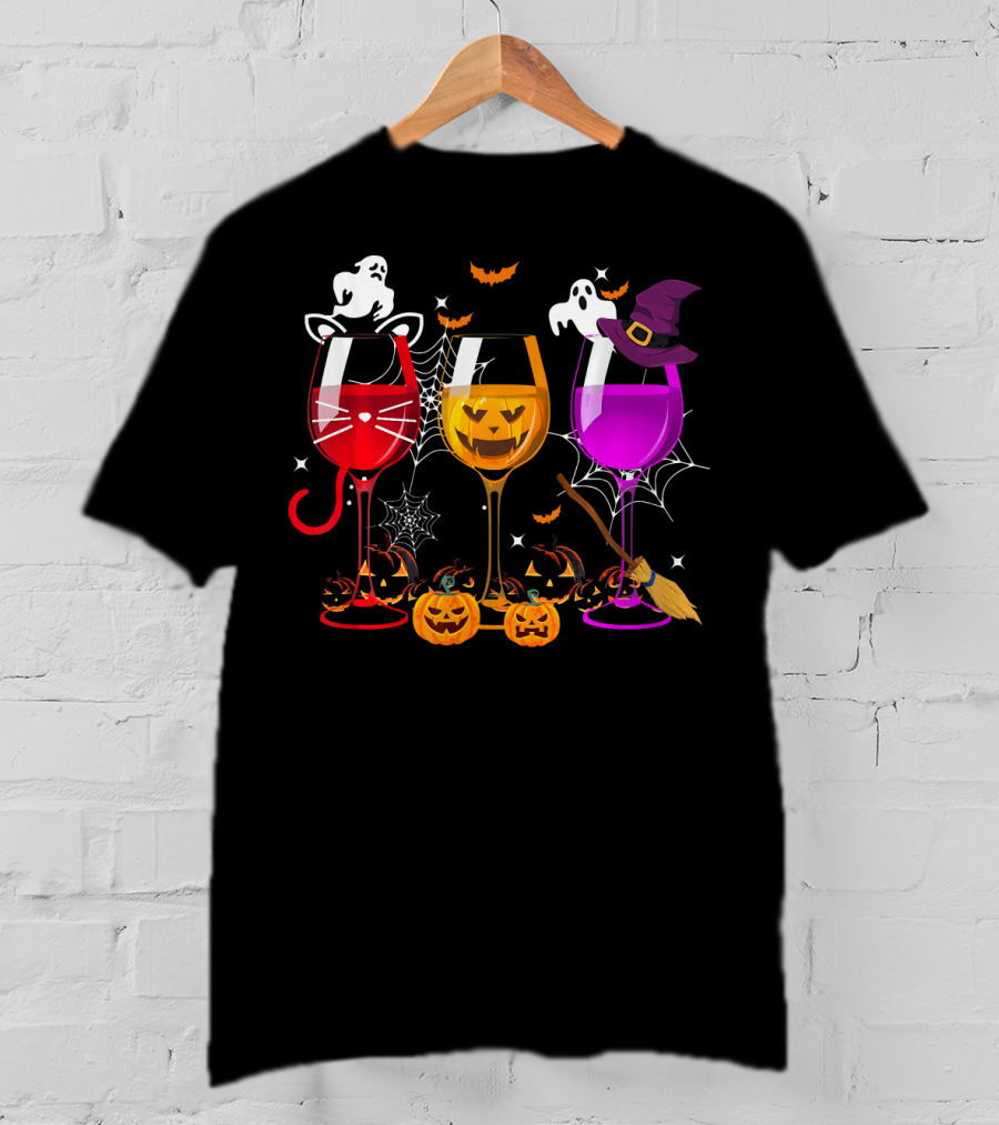Halloween Ghost Cat Witch Pumpkin Three Glasses Of Wine T-Shirt