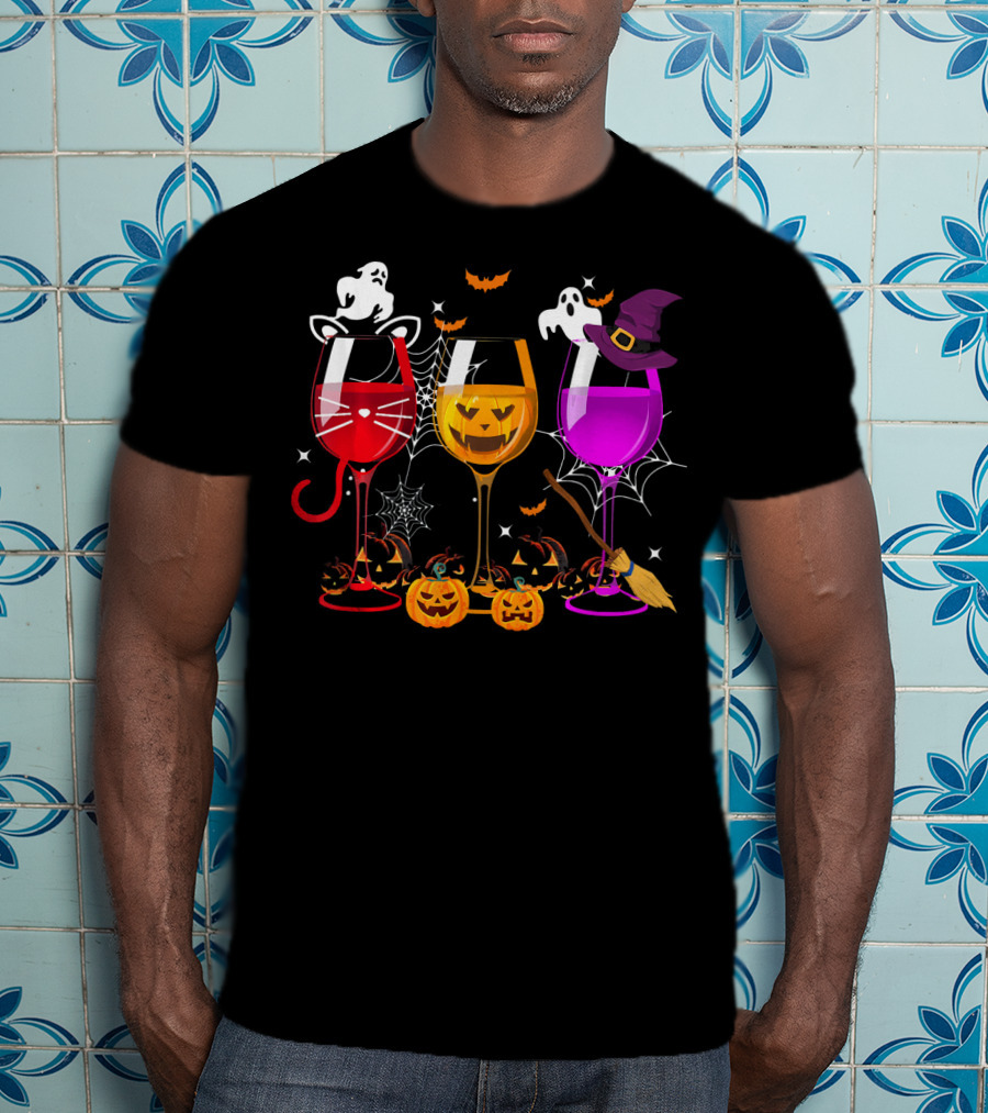 Halloween Ghost Cat Witch Pumpkin Three Glasses Of Wine T-Shirt