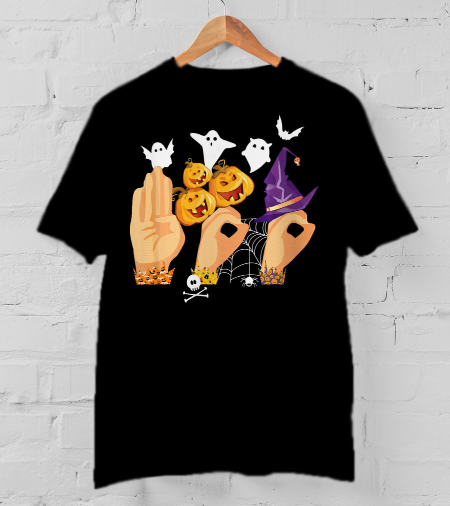 ASL Boo Sign Language Ghosts Pumpkins Witch Hat Halloween T-Shirt