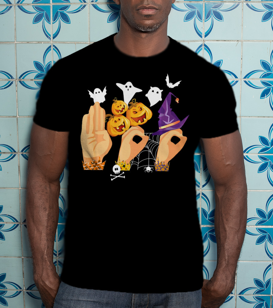 ASL Boo Sign Language Ghosts Pumpkins Witch Hat Halloween T-Shirt