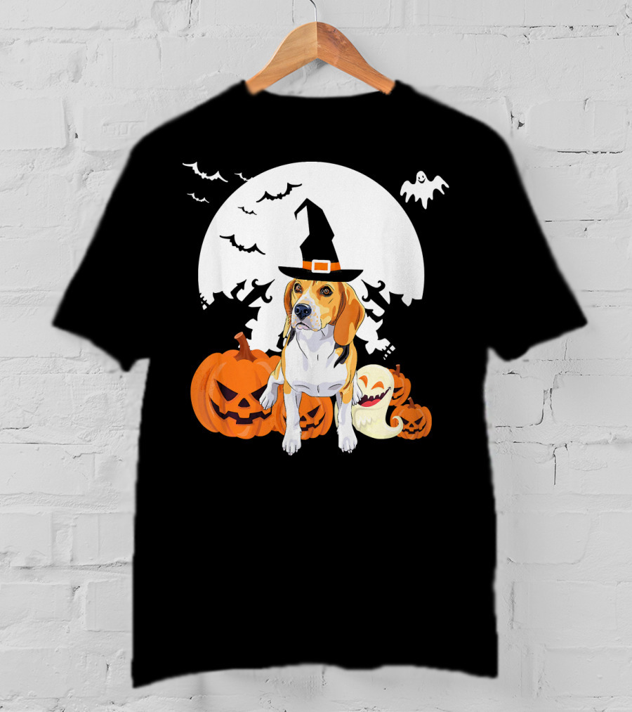 Happy Halloween Witch Beagle With Pumpkins And Ghosts T-Shirt