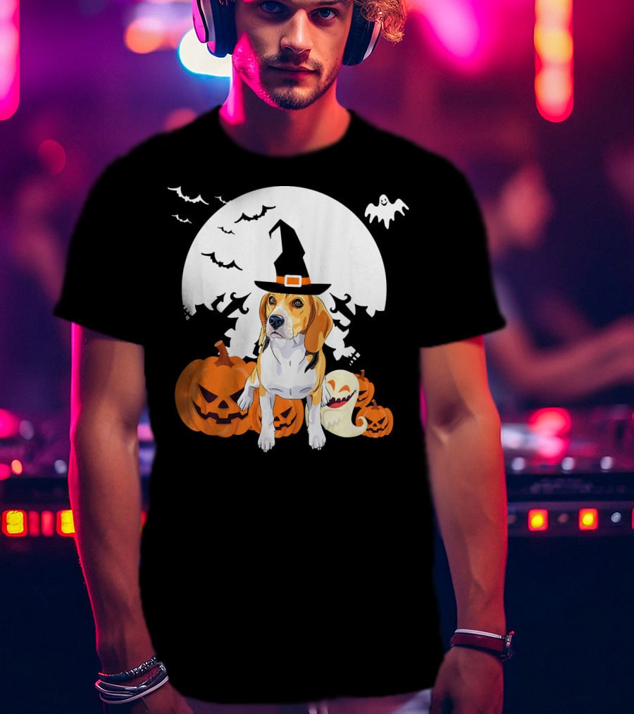 Happy Halloween Witch Beagle With Pumpkins And Ghosts T-Shirt