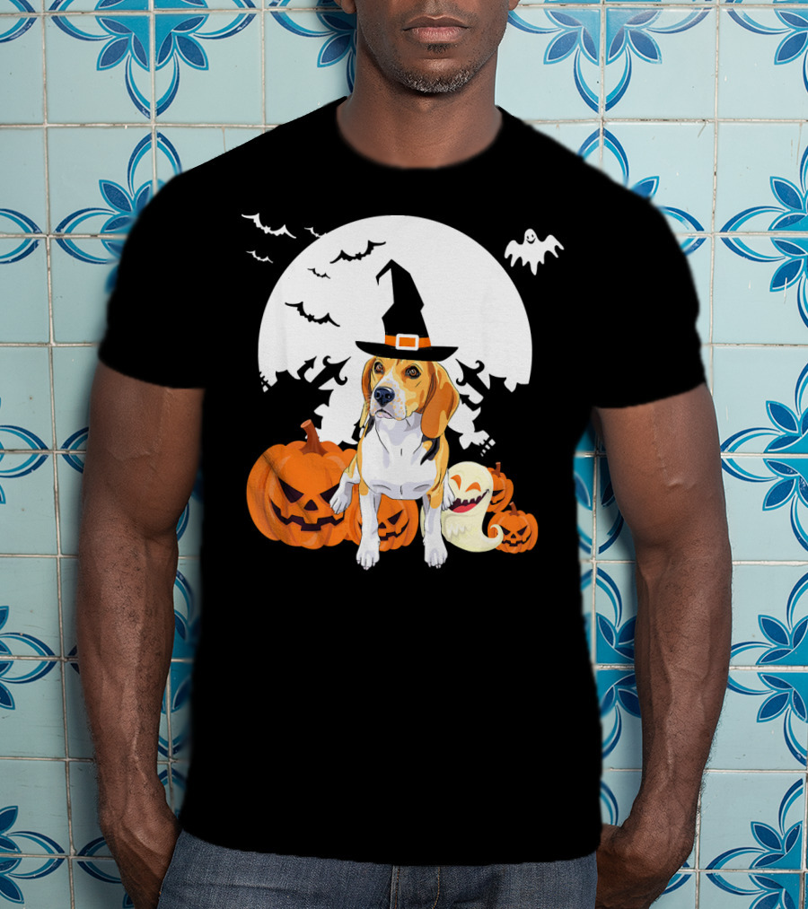 Happy Halloween Witch Beagle With Pumpkins And Ghosts T-Shirt