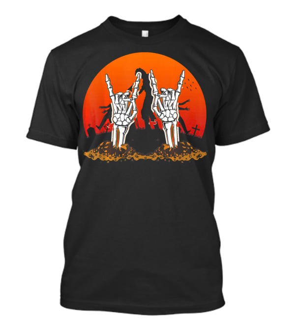 Halloween Skeleton Rocker Graveyard Sunset With Rock Hands T-Shirt