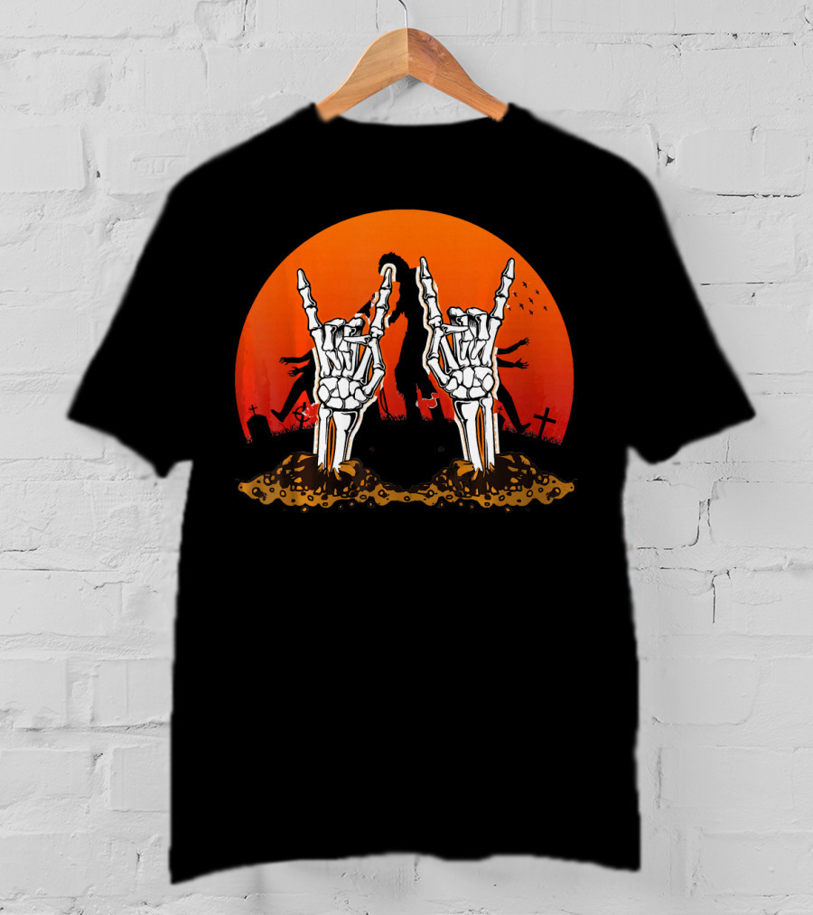 Halloween Skeleton Rocker Graveyard Sunset With Rock Hands T-Shirt