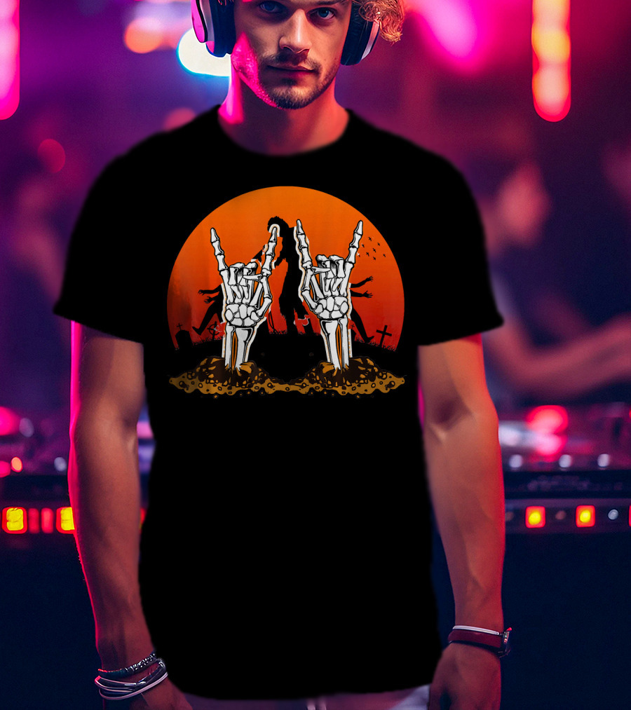 Halloween Skeleton Rocker Graveyard Sunset With Rock Hands T-Shirt