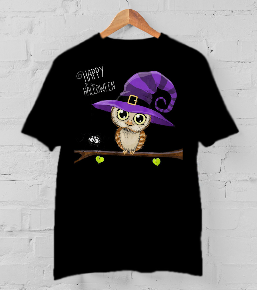 Happy Halloween Owl In Purple Witch Hat With Spider On Branch T-Shirt