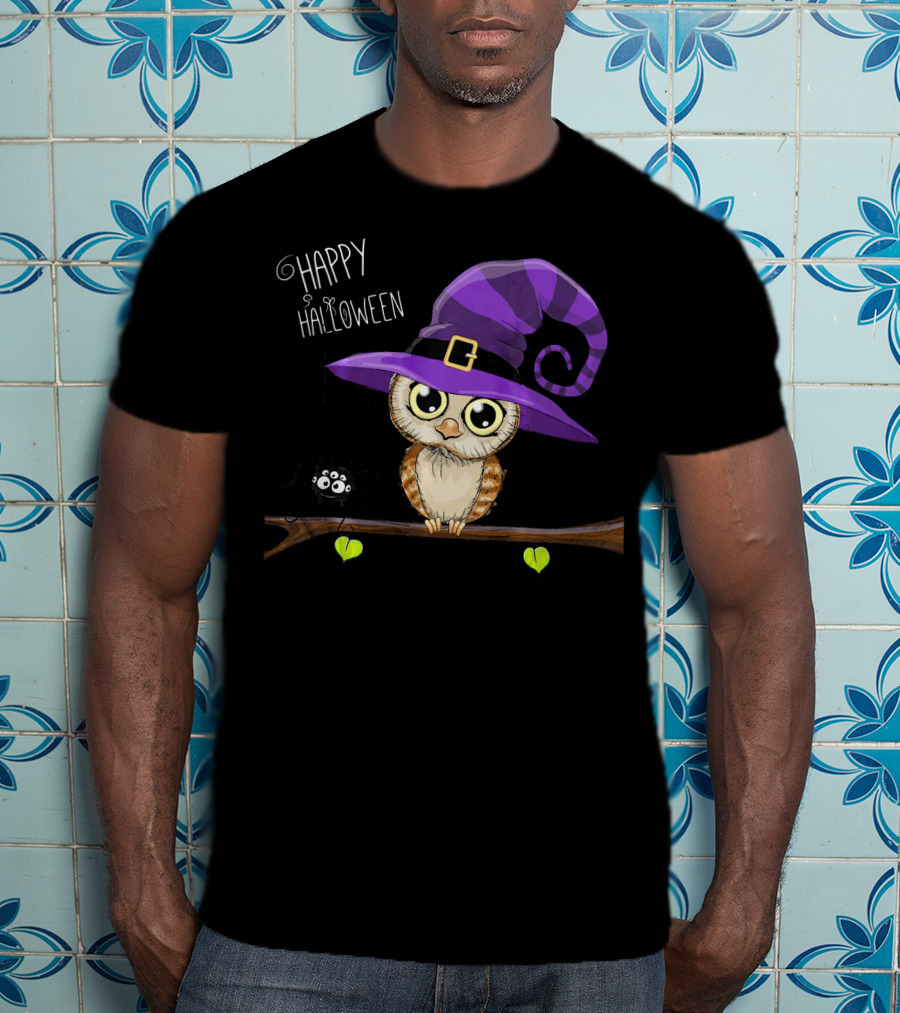 Happy Halloween Owl In Purple Witch Hat With Spider On Branch T-Shirt