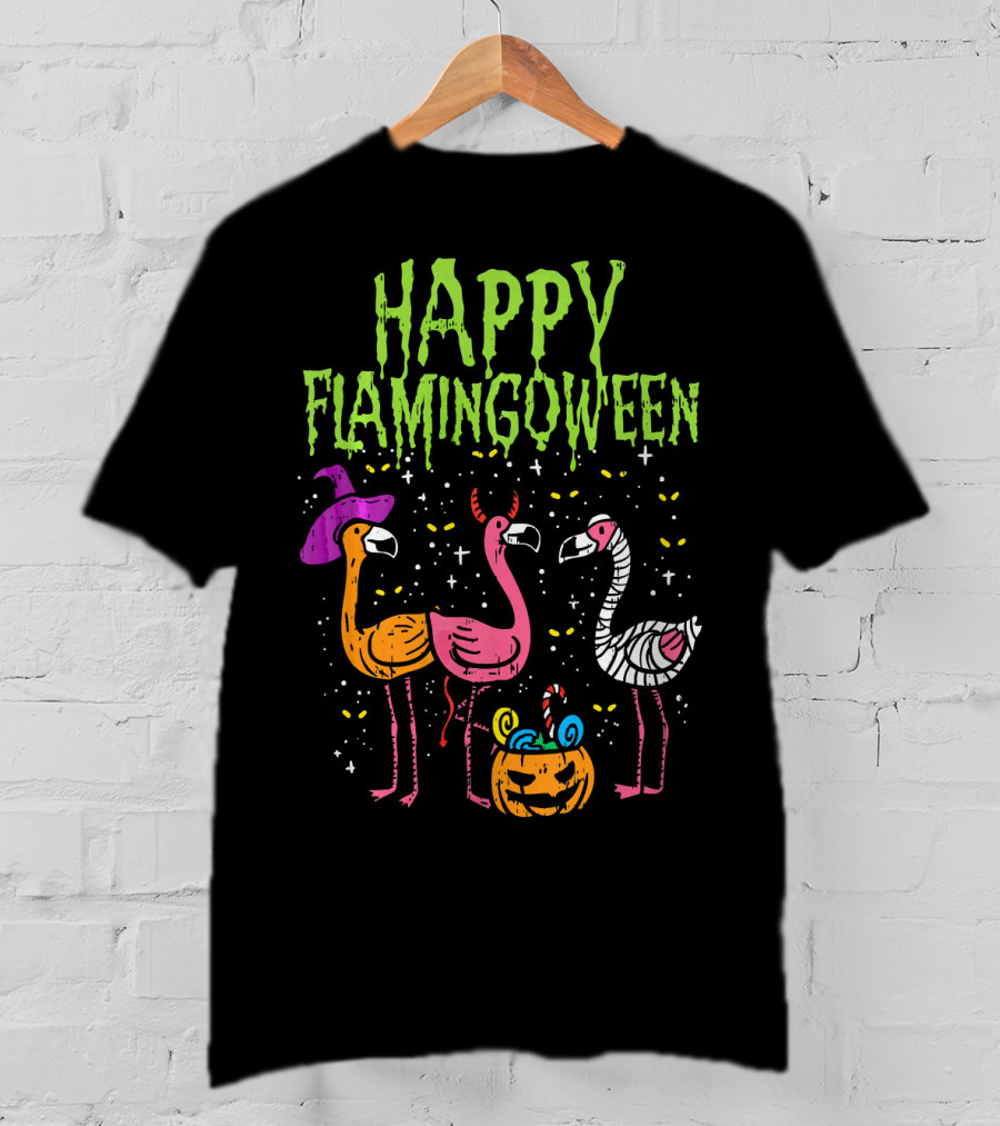 Happy Flamingoween Witch, Devil, Mummy Flamingo Halloween Pumpkin Candy T-Shirt