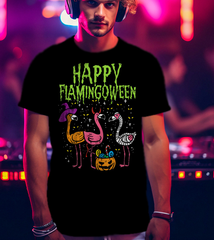 Happy Flamingoween Witch, Devil, Mummy Flamingo Halloween Pumpkin Candy T-Shirt