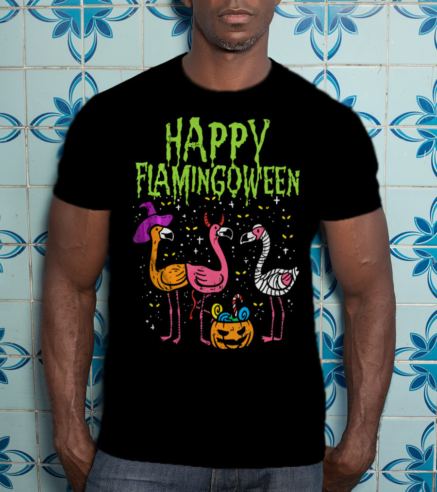 Happy Flamingoween Witch, Devil, Mummy Flamingo Halloween Pumpkin Candy T-Shirt