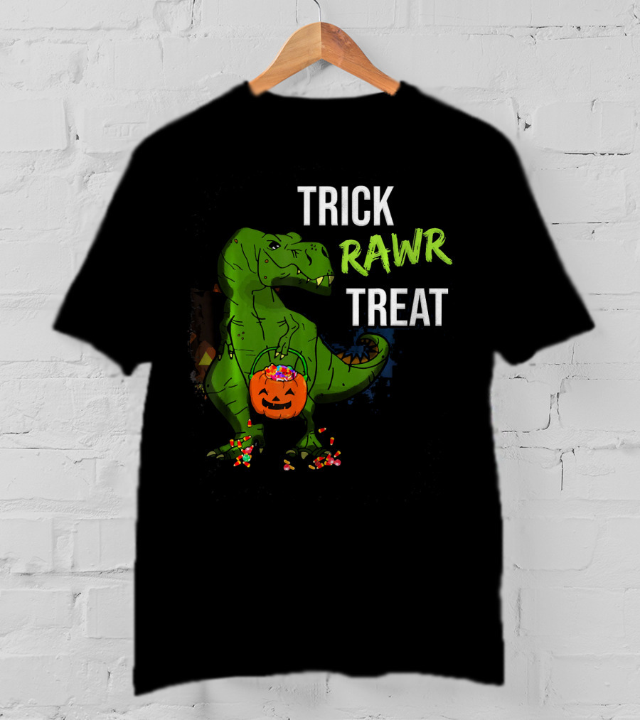 Trick Rawr Treat Halloween Rex Dinosaur With Candy And Pumpkin T-Shirt