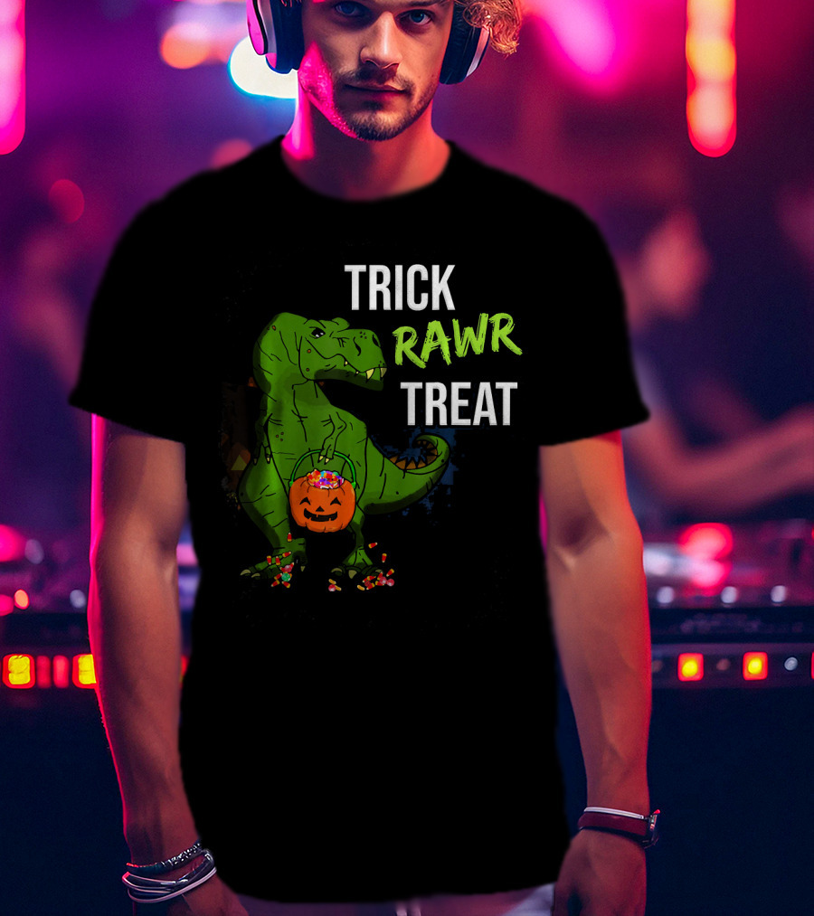 Trick Rawr Treat Halloween Rex Dinosaur With Candy And Pumpkin T-Shirt
