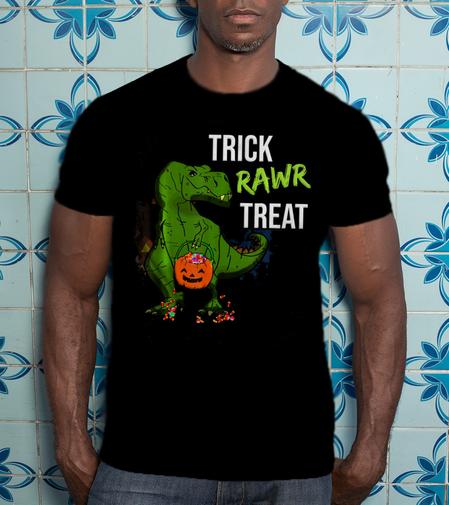 Trick Rawr Treat Halloween Rex Dinosaur With Candy And Pumpkin T-Shirt