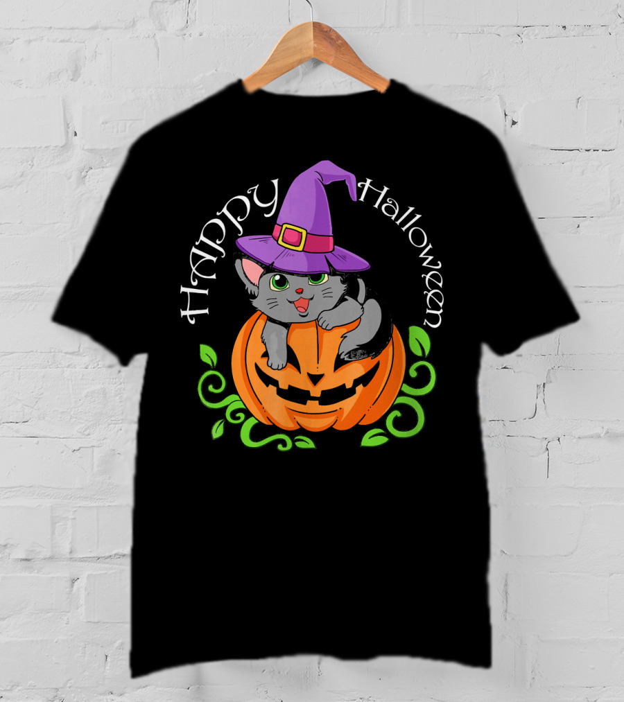 Happy Halloween Cat In Witch Hat On Pumpkin T-Shirt