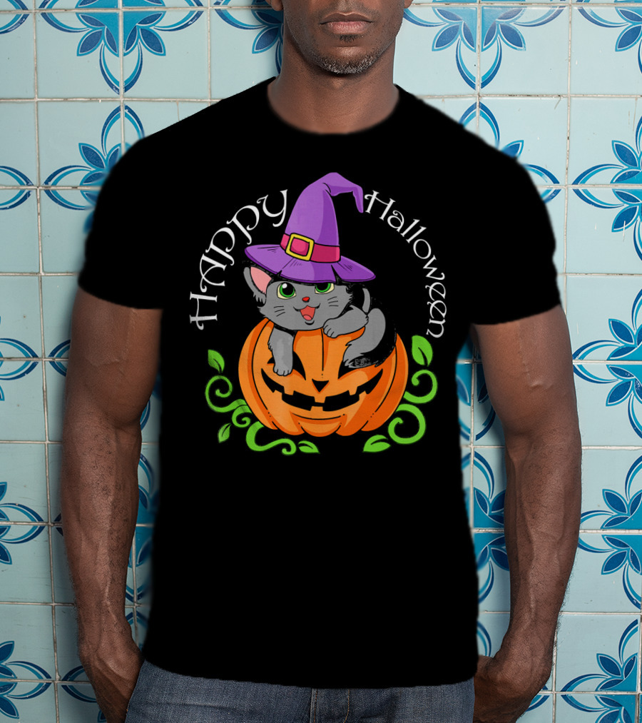 Happy Halloween Cat In Witch Hat On Pumpkin T-Shirt