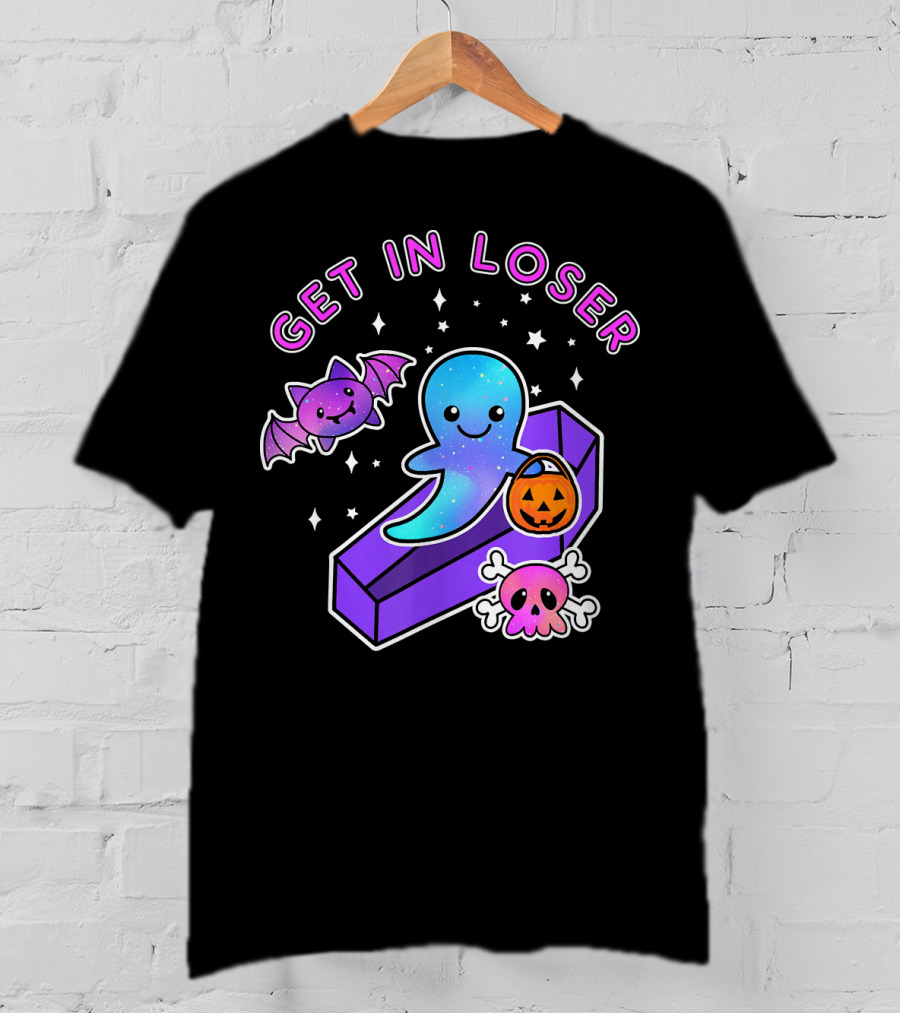 Get In Loser Kawaii Pastel Goth Halloween Ghost Coffin With Bat And Pumpkin T-Shirt