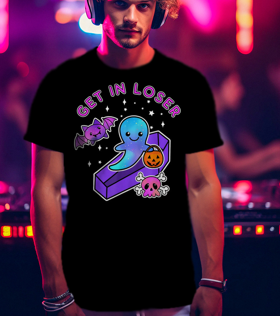 Get In Loser Kawaii Pastel Goth Halloween Ghost Coffin With Bat And Pumpkin T-Shirt