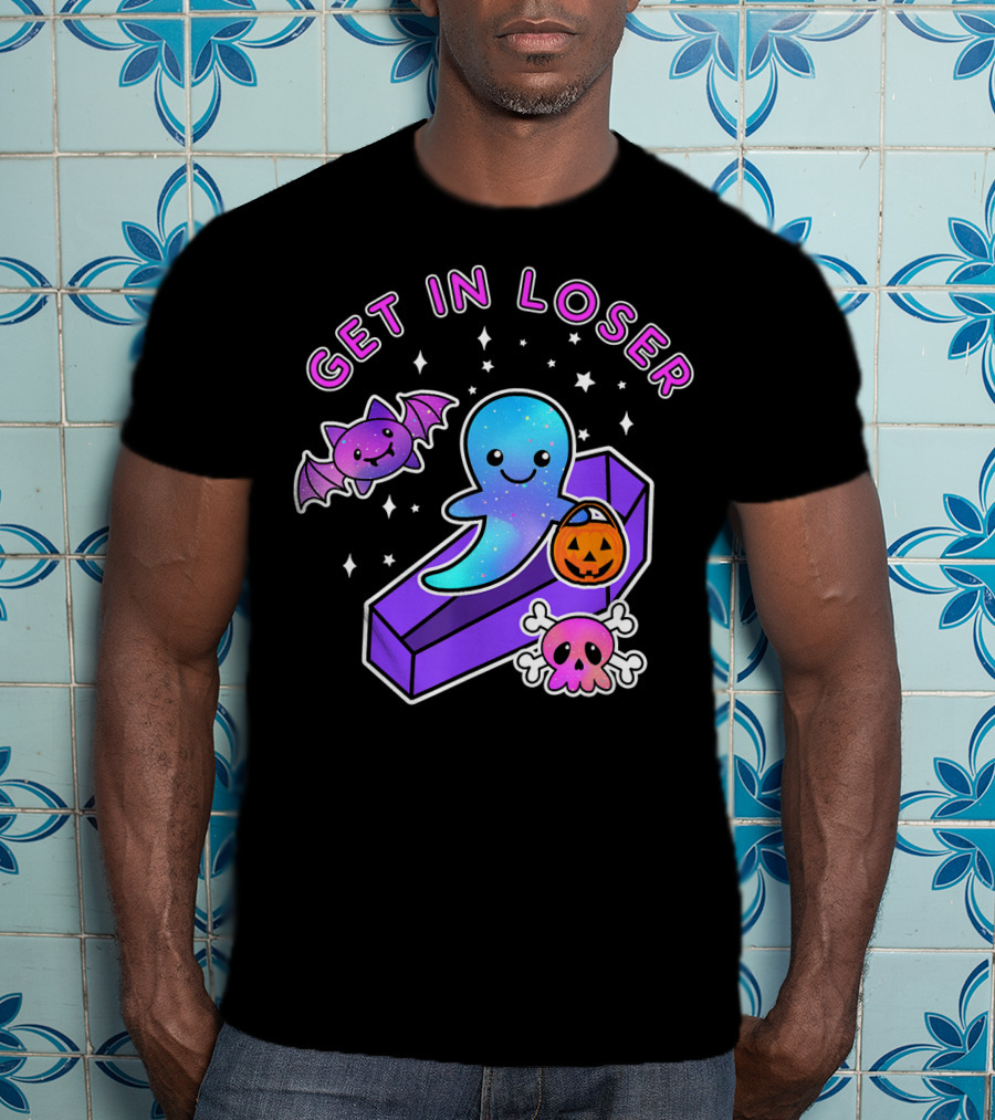 Get In Loser Kawaii Pastel Goth Halloween Ghost Coffin With Bat And Pumpkin T-Shirt