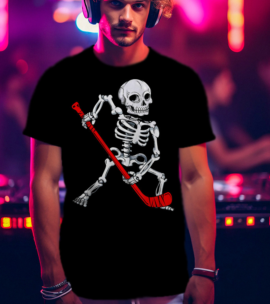 Skeleton Hockey Skeleton With Red Hockey Stick T-Shirt