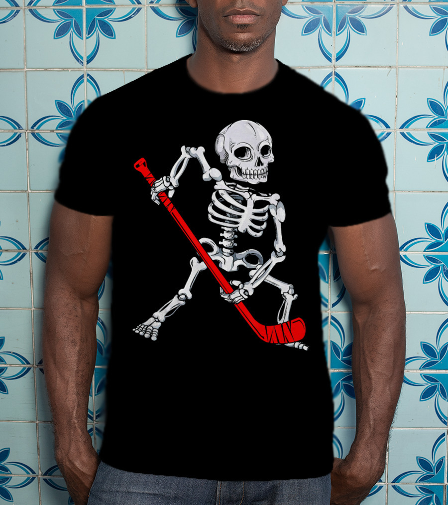Skeleton Hockey Skeleton With Red Hockey Stick T-Shirt