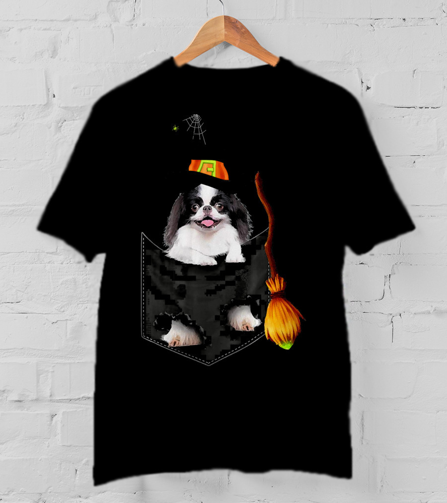Japanese Chin Halloween Witch Hat Broom Pocket T-Shirt