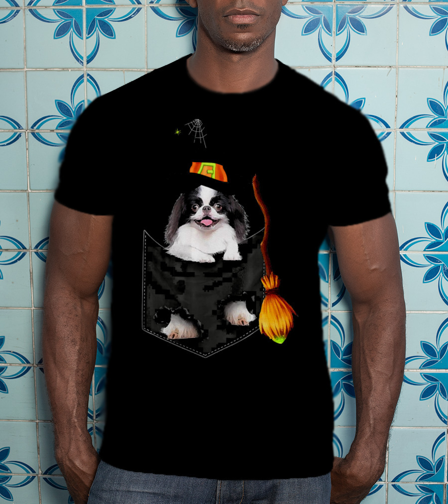 Japanese Chin Halloween Witch Hat Broom Pocket T-Shirt
