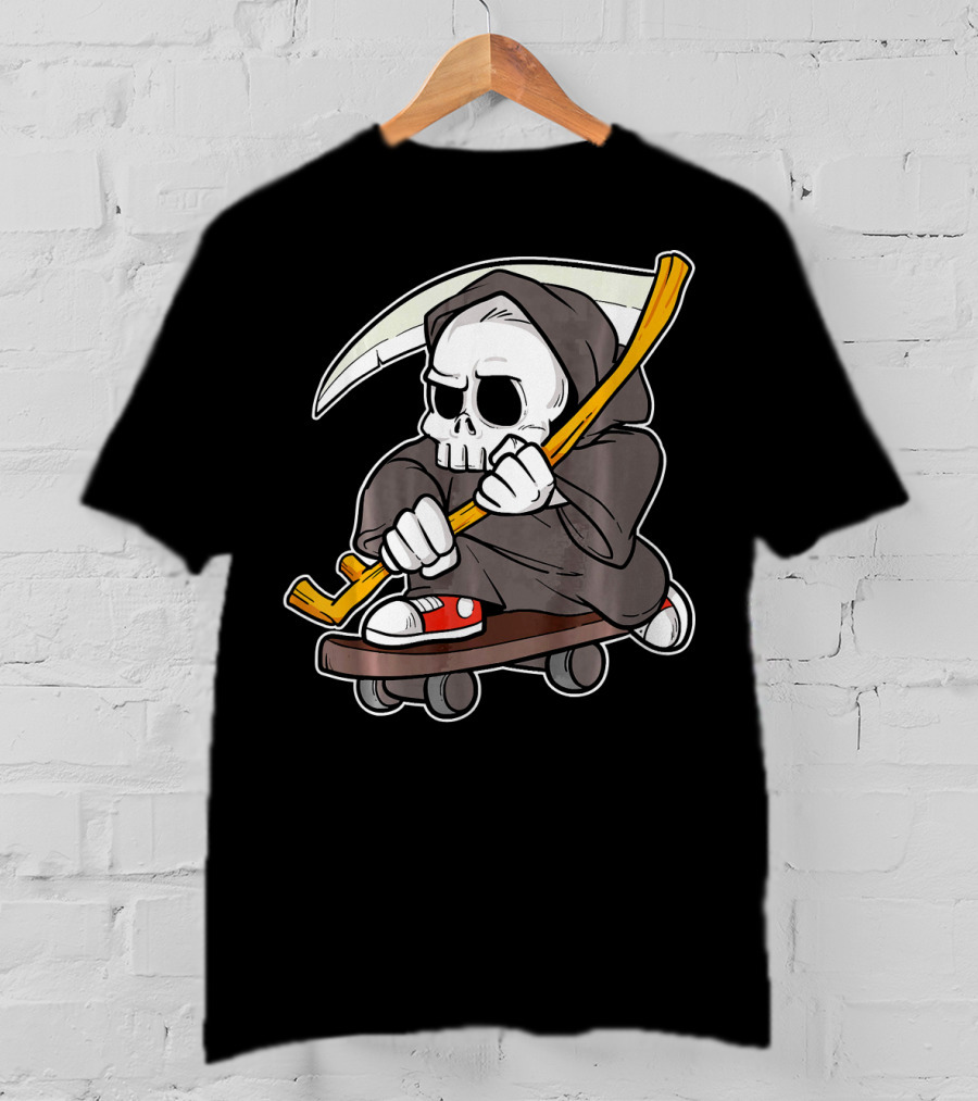 Funny Grim Reaper Skater Skateboard Reaper Skate Or Die T-Shirt