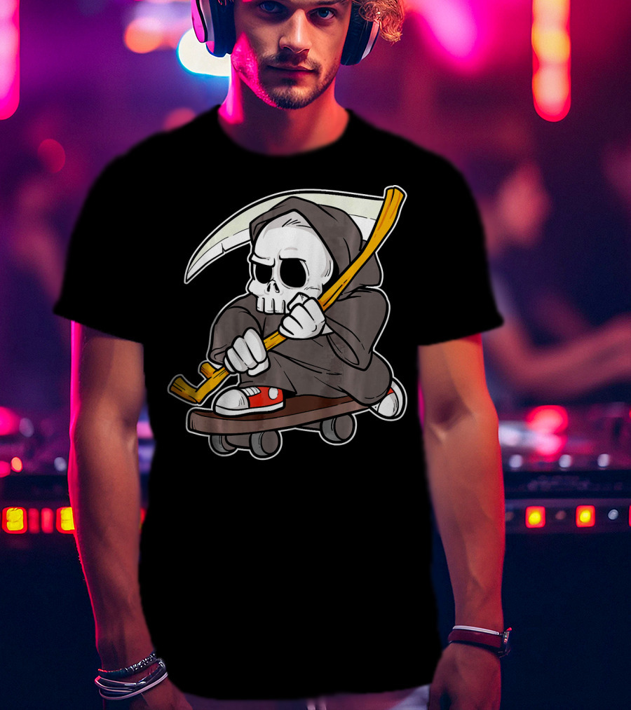 Funny Grim Reaper Skater Skateboard Reaper Skate Or Die T-Shirt