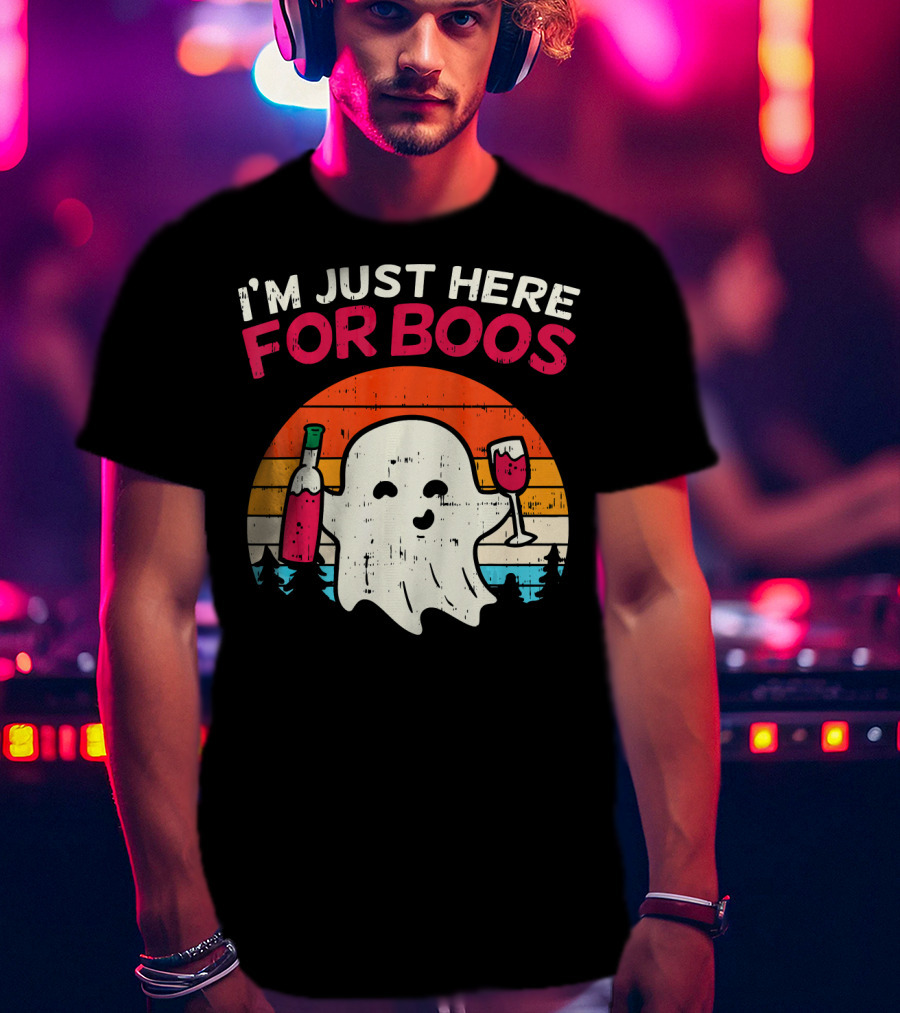 I'm Just Here For Boos Retro Ghost Wine Vintage T-Shirt