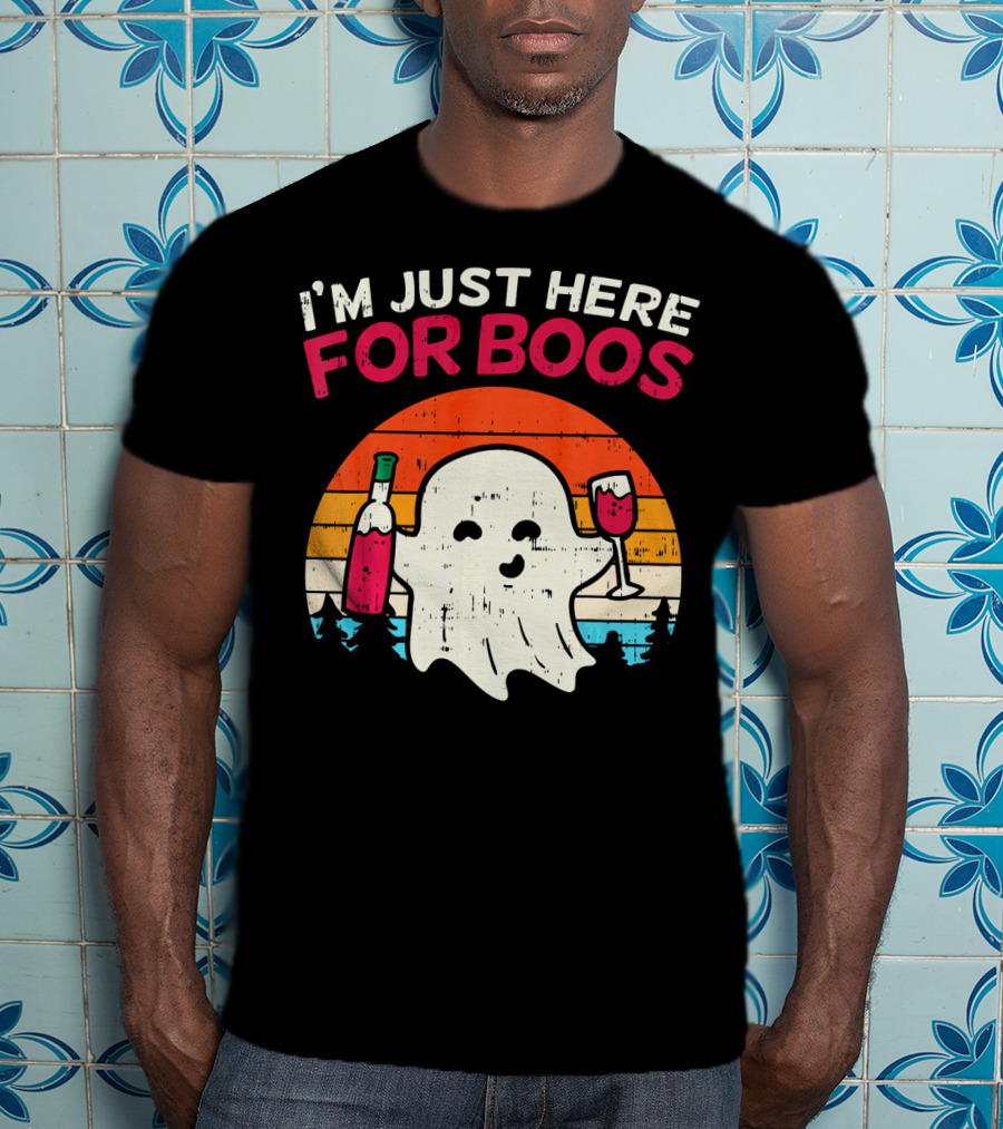 I'm Just Here For Boos Retro Ghost Wine Vintage T-Shirt