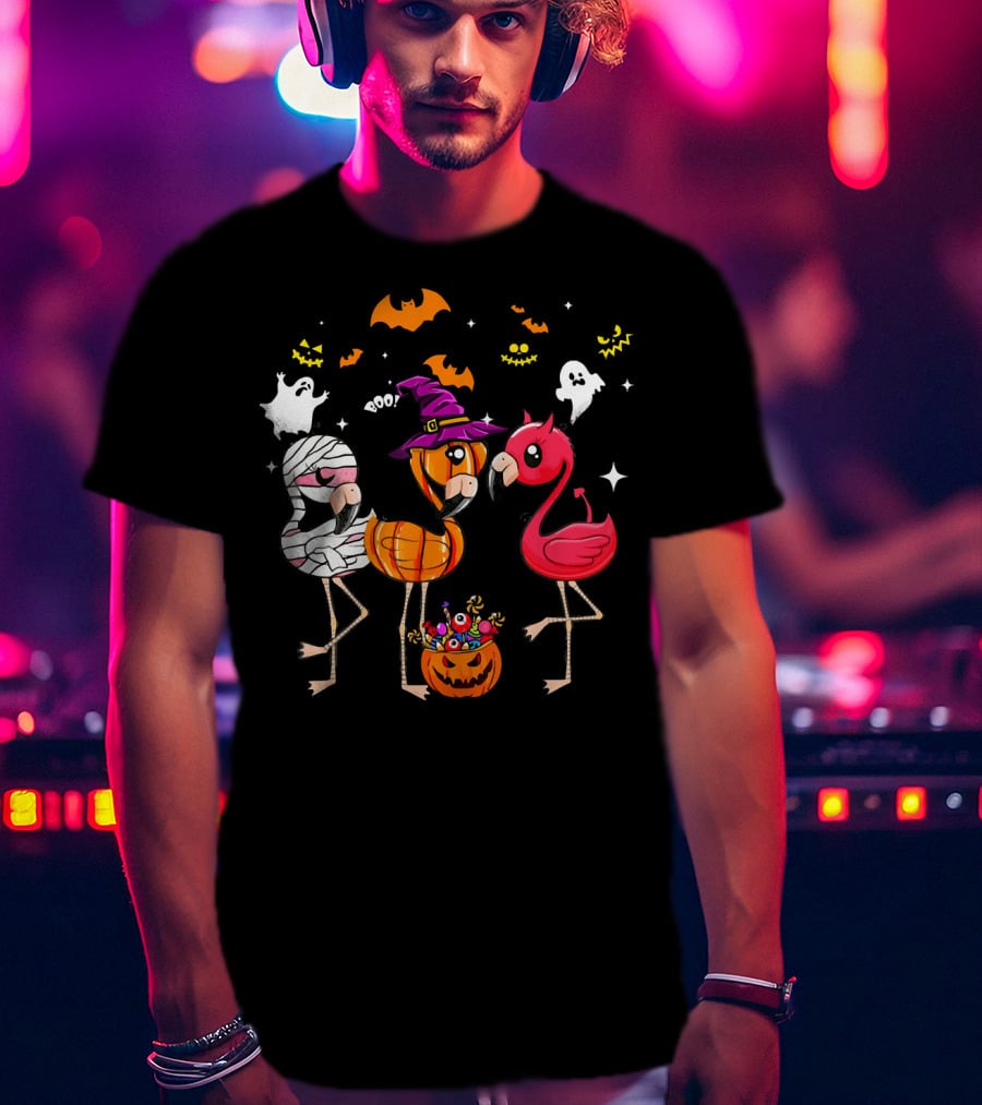 Funny Flamingo Halloween Costume Trio Mummy Witch Boo T-Shirt