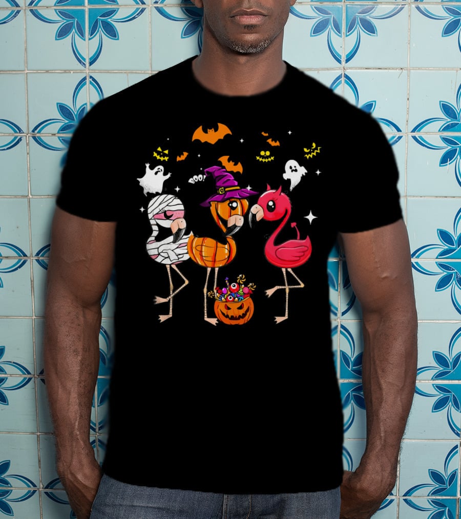 Funny Flamingo Halloween Costume Trio Mummy Witch Boo T-Shirt