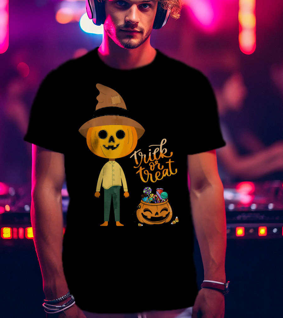 Trick Or Treat Funny Cute Halloween Pumpkin With Candy And Patchwork Hat T-Shirt