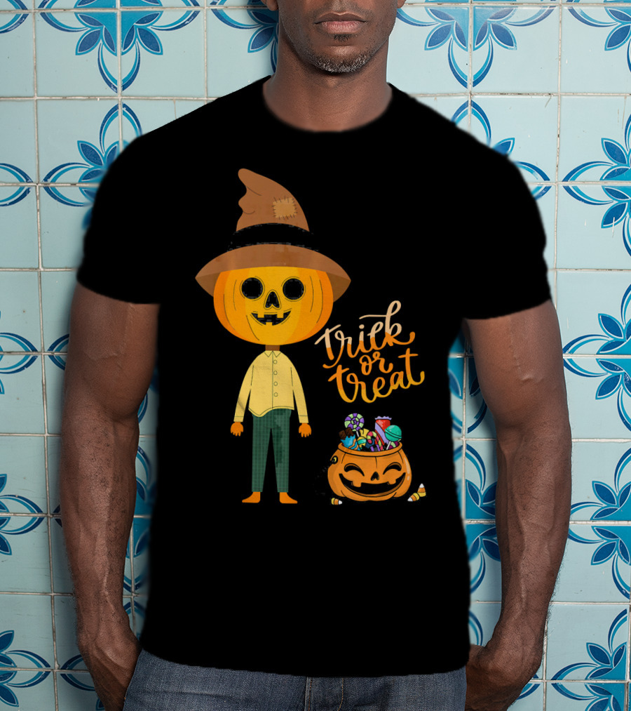 Trick Or Treat Funny Cute Halloween Pumpkin With Candy And Patchwork Hat T-Shirt