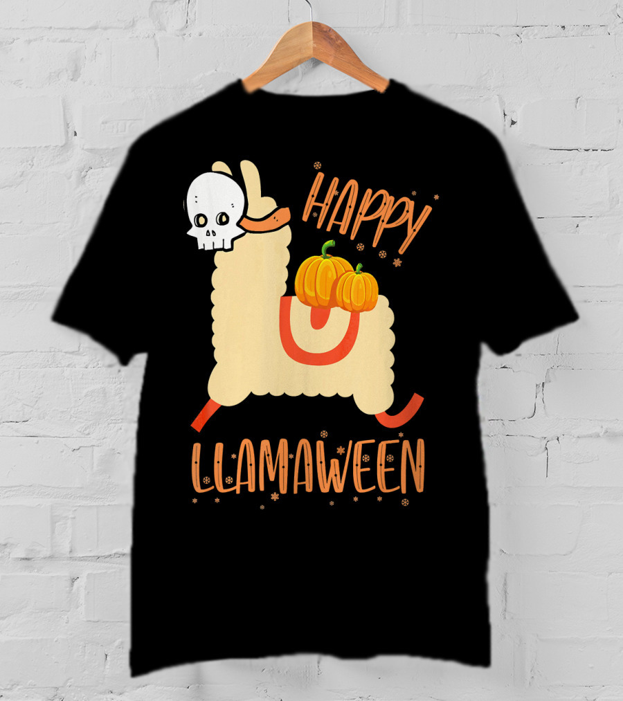 Happy Llamaween Funny Halloween Llama With Pumpkins T-Shirt