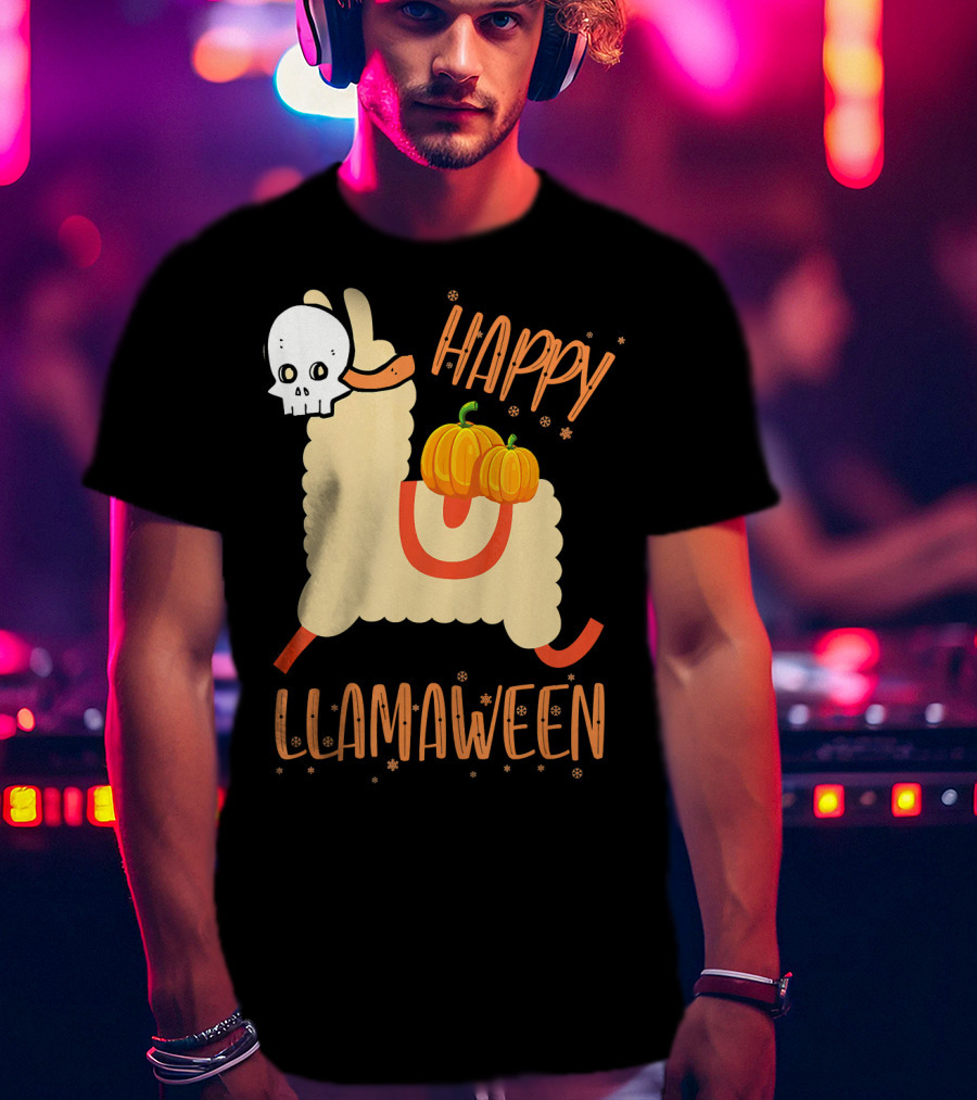 Happy Llamaween Funny Halloween Llama With Pumpkins T-Shirt