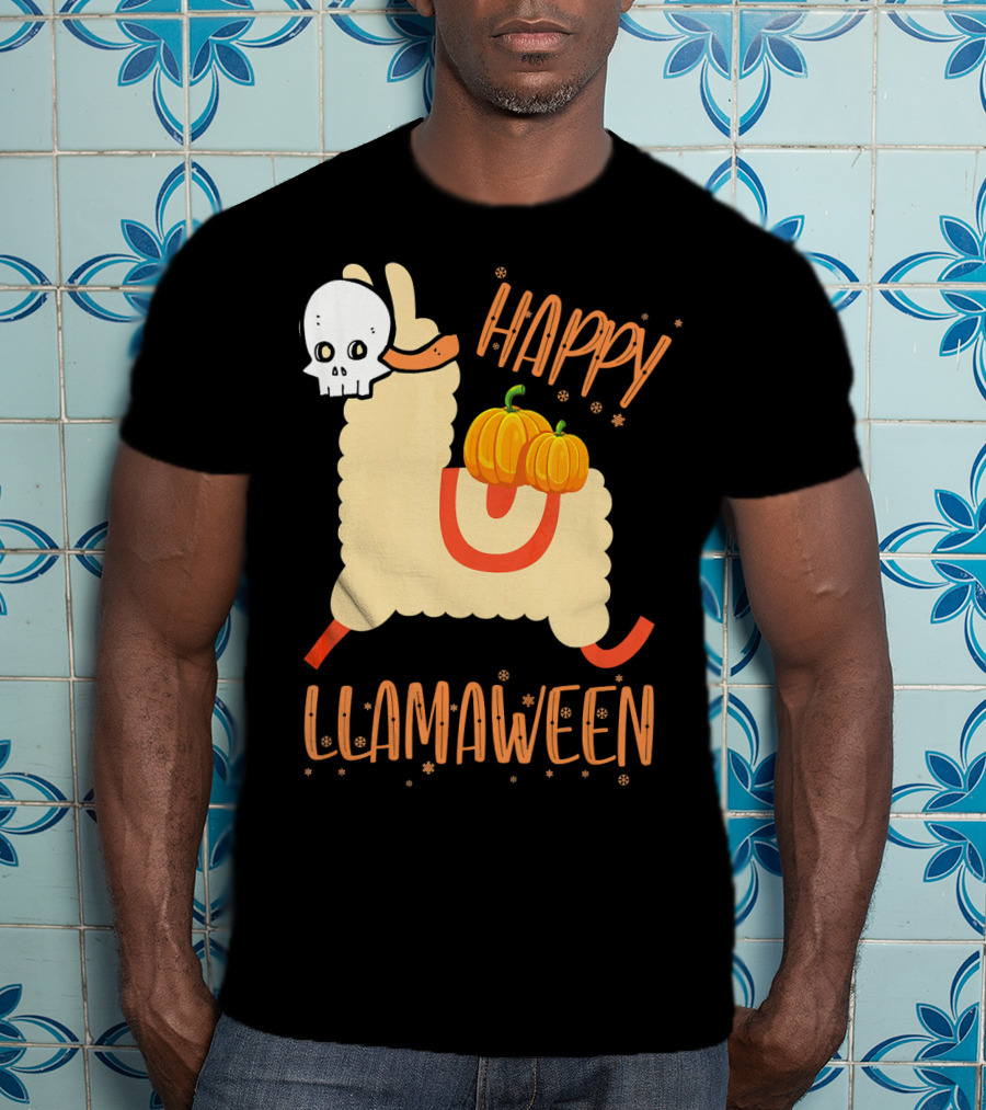 Happy Llamaween Funny Halloween Llama With Pumpkins T-Shirt
