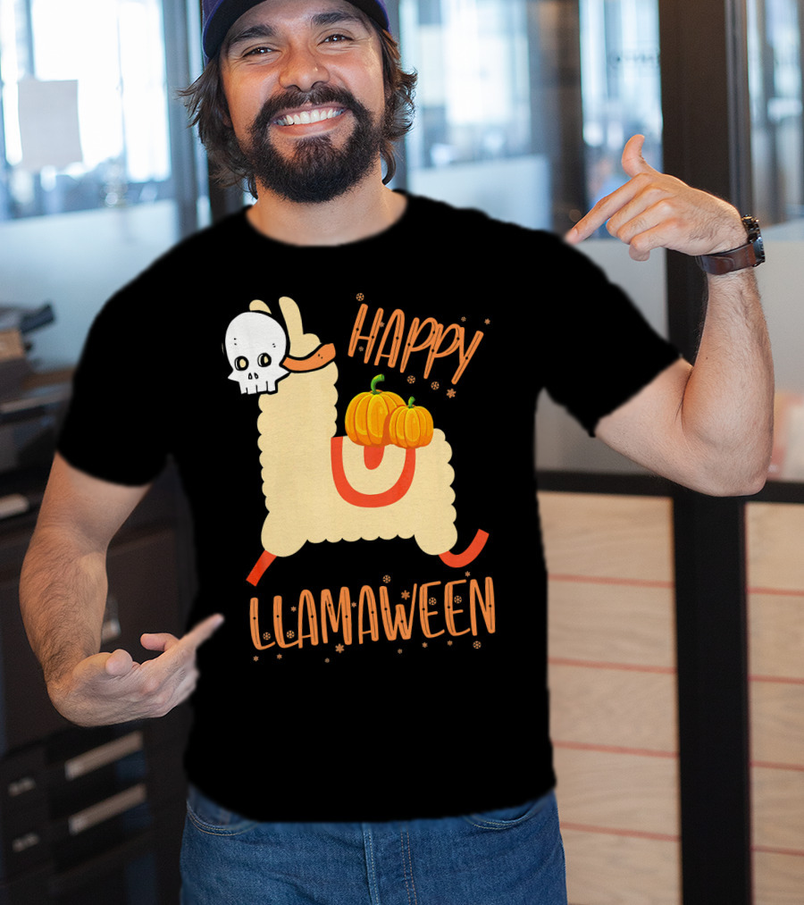 Happy Llamaween Funny Halloween Llama With Pumpkins T-Shirt