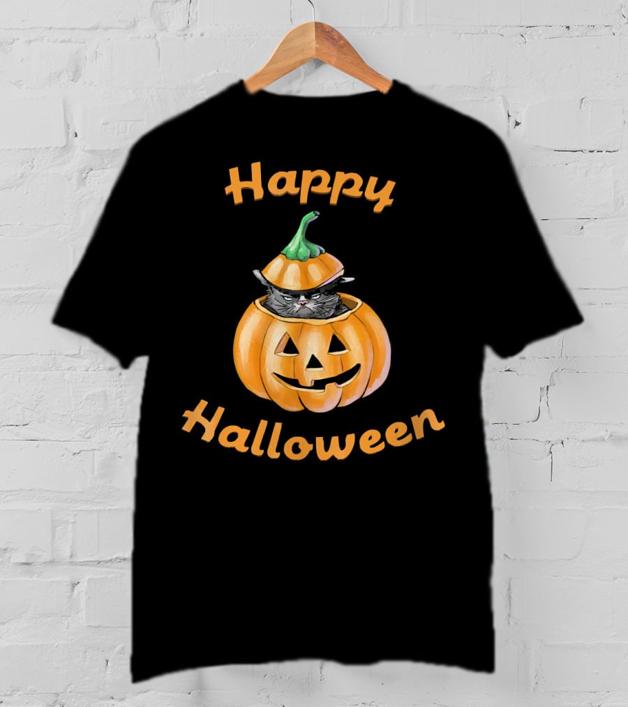 Happy Halloween Funny Cat In Pumpkin T-Shirt