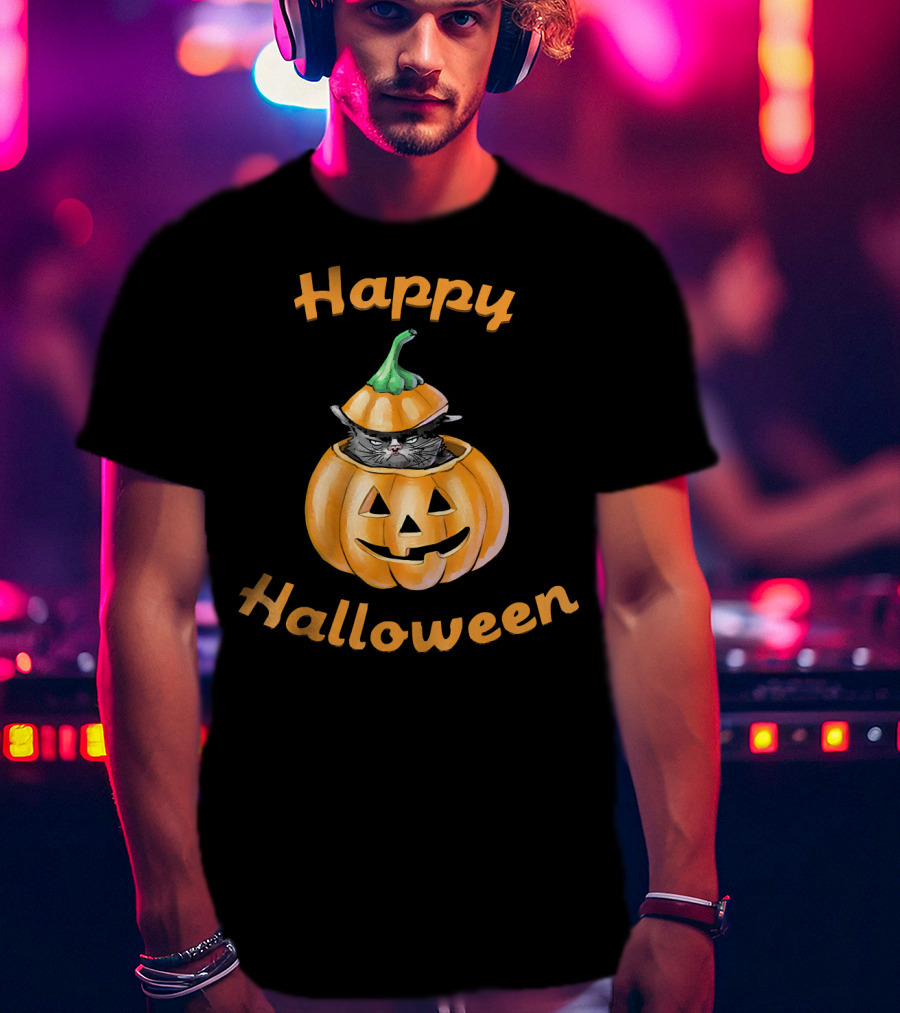 Happy Halloween Funny Cat In Pumpkin T-Shirt