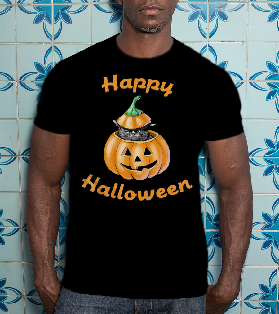 Happy Halloween Funny Cat In Pumpkin T-Shirt