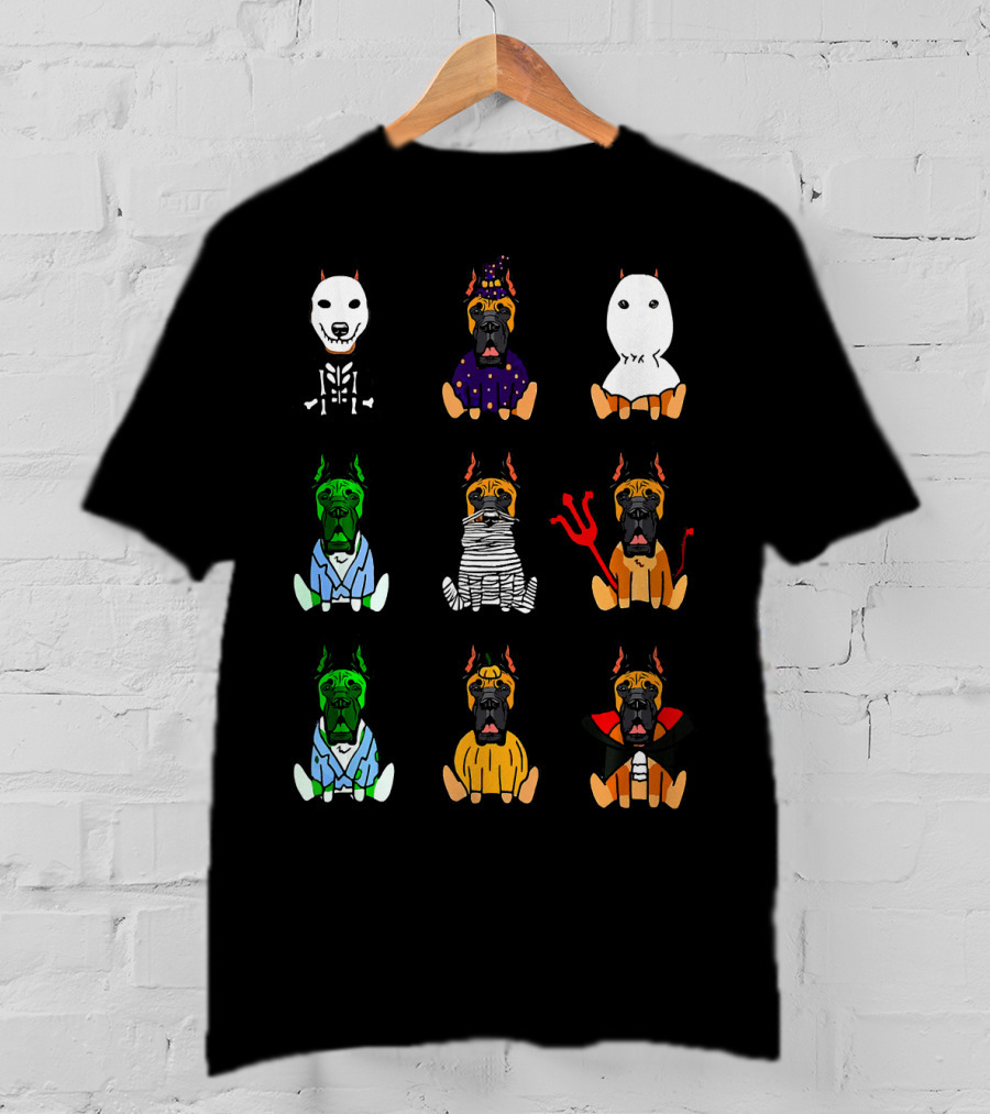 Great Dane Dog Lover Halloween Costume Grid Featuring Skeleton, Witch, Ghost, Frankenstein, Mummy, Devil, Dracula, And More T-Shirt