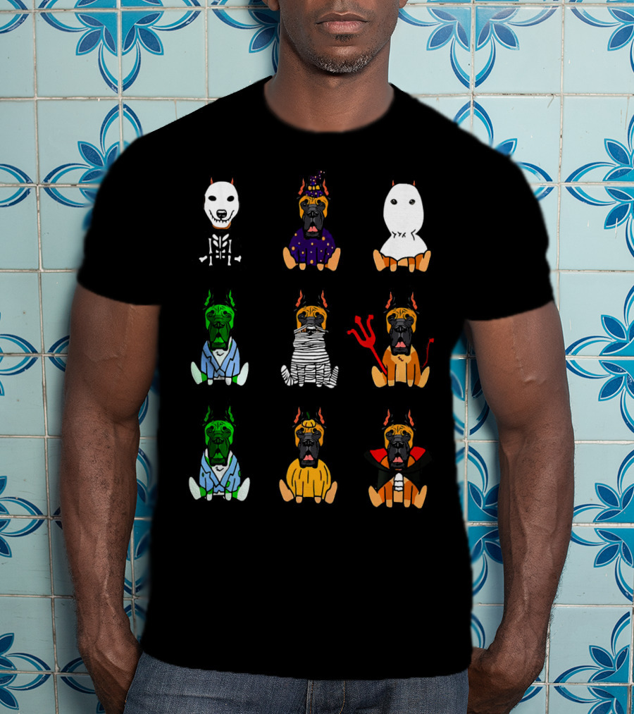 Great Dane Dog Lover Halloween Costume Grid Featuring Skeleton, Witch, Ghost, Frankenstein, Mummy, Devil, Dracula, And More T-Shirt