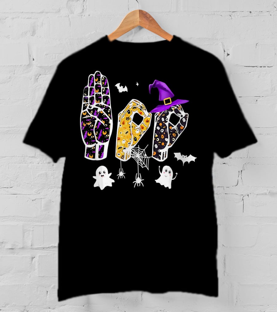 Funny Halloween Sign Language ASL Boo With Ghosts And Witch Hat T-Shirt