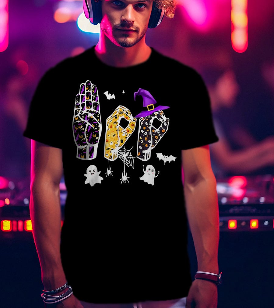 Funny Halloween Sign Language ASL Boo With Ghosts And Witch Hat T-Shirt