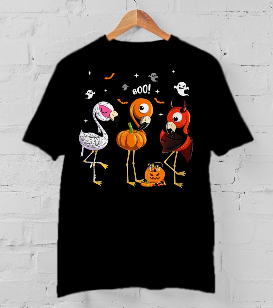 Funny Three Halloween Boo Flamingoes Pumpkin Ghosts T-Shirt
