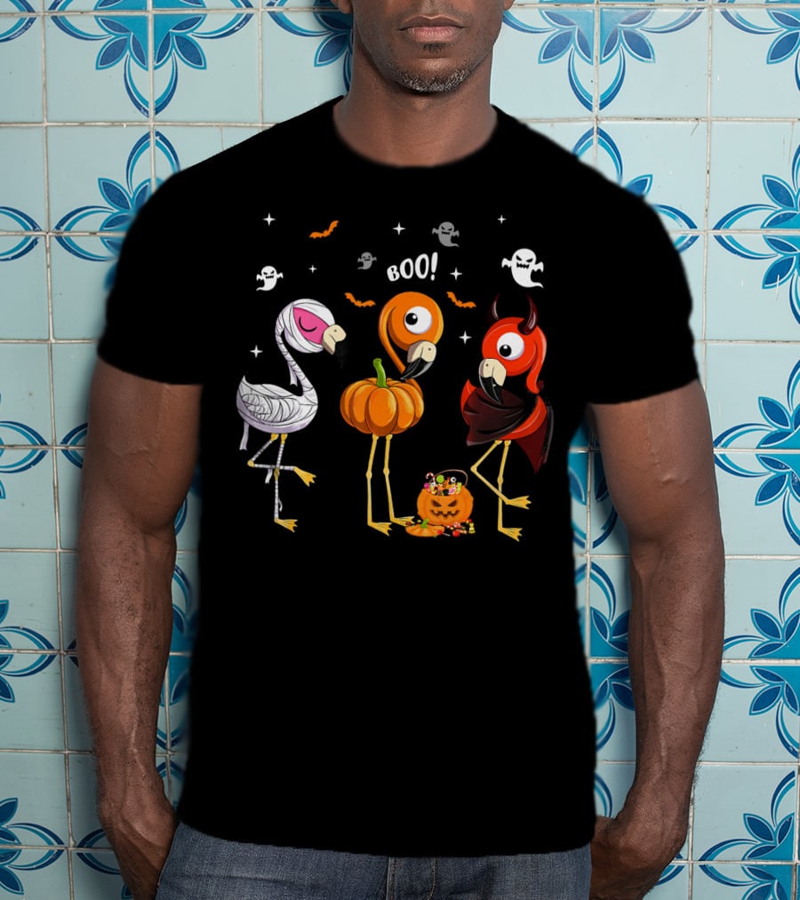 Funny Three Halloween Boo Flamingoes Pumpkin Ghosts T-Shirt